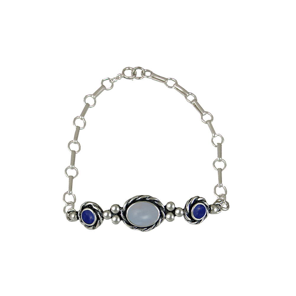 Sterling Silver Gemstone Adjustable Chain Bracelet With Chalcedony And Lapis Lazuli